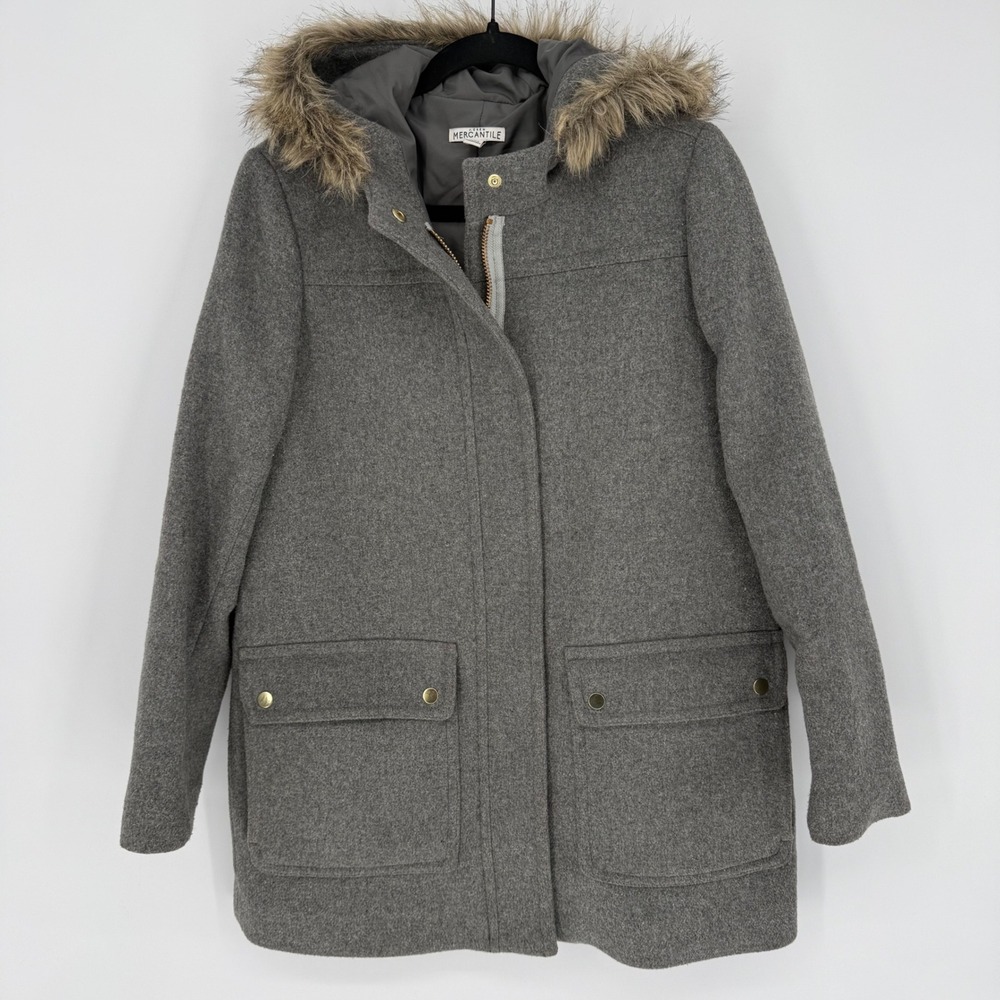 J. CREW‎ MERCANTILE VAIL PARKA COAT HEATHER GREY FAUX FUR HOOD WOOL BLEND SIZE 6